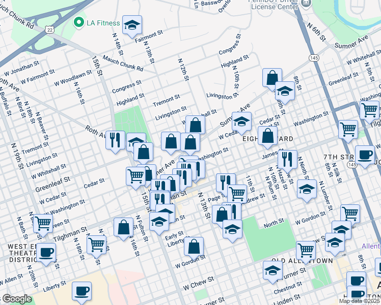 map of restaurants, bars, coffee shops, grocery stores, and more near 1249 South Roth Avenue in Allentown