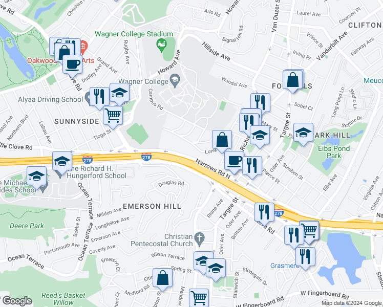 map of restaurants, bars, coffee shops, grocery stores, and more near 755 Narrows Road North in Staten Island