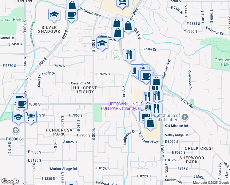 map of restaurants, bars, coffee shops, grocery stores, and more near 7734 South 1100 East in Midvale