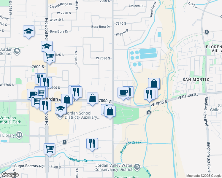 map of restaurants, bars, coffee shops, grocery stores, and more near 7760 1300 West in West Jordan