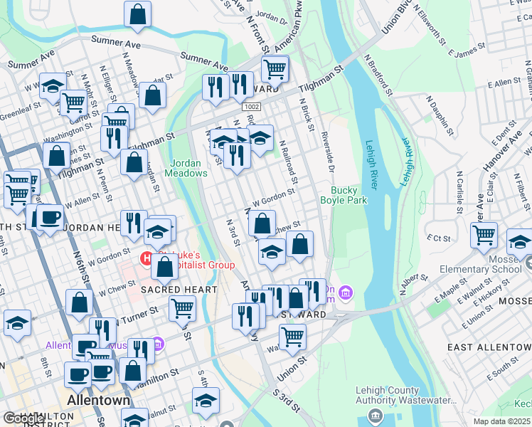 map of restaurants, bars, coffee shops, grocery stores, and more near 190 West Gordon Street in Allentown