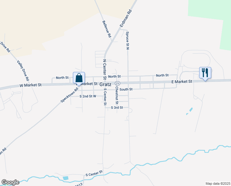 map of restaurants, bars, coffee shops, grocery stores, and more near 43 Chestnut Street in Gratz