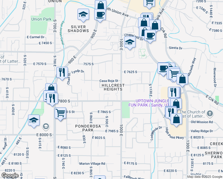 map of restaurants, bars, coffee shops, grocery stores, and more near 954 East 7725 South in Midvale