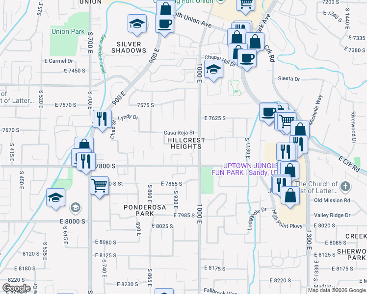 map of restaurants, bars, coffee shops, grocery stores, and more near 954 East 7725 South in Midvale