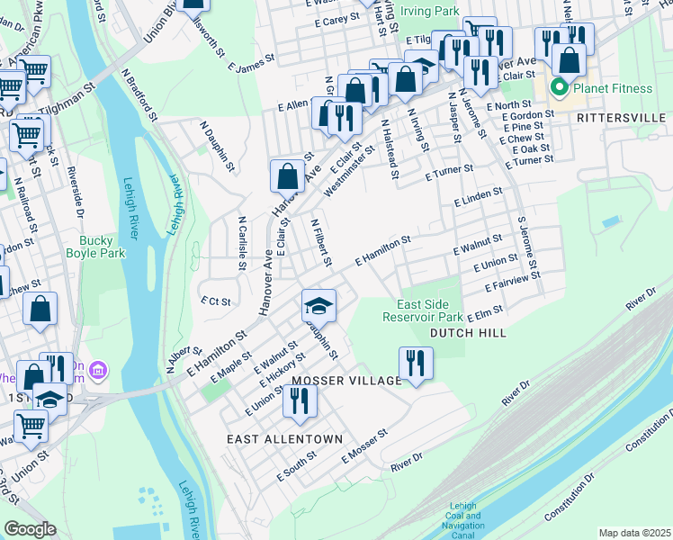 map of restaurants, bars, coffee shops, grocery stores, and more near 10 North Filbert Street in Allentown