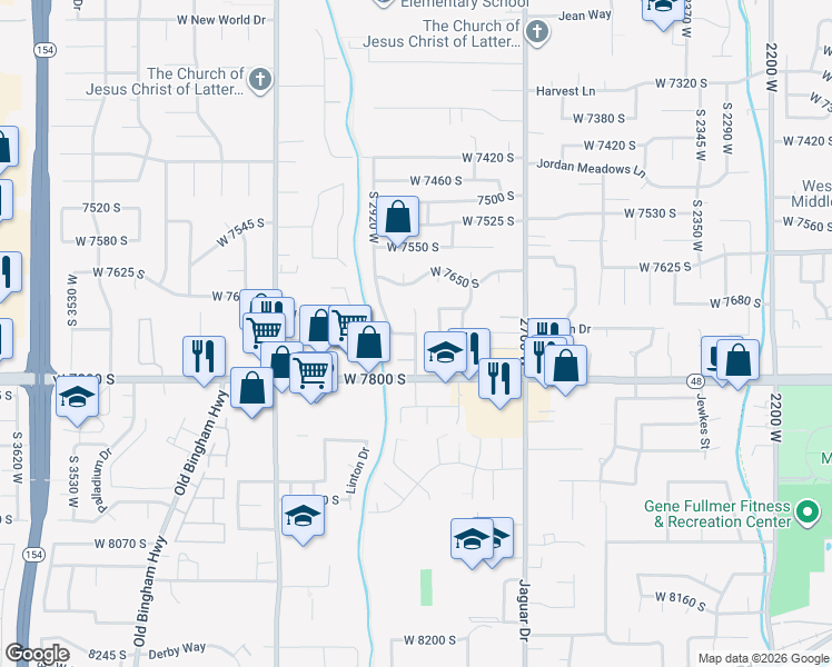 map of restaurants, bars, coffee shops, grocery stores, and more near West 7730 South in West Jordan
