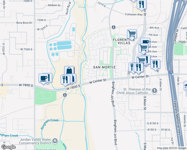 map of restaurants, bars, coffee shops, grocery stores, and more near 1022 Rooftop Drive in Midvale