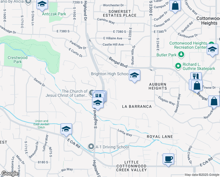 map of restaurants, bars, coffee shops, grocery stores, and more near 7673 South Highland Drive in Cottonwood Heights