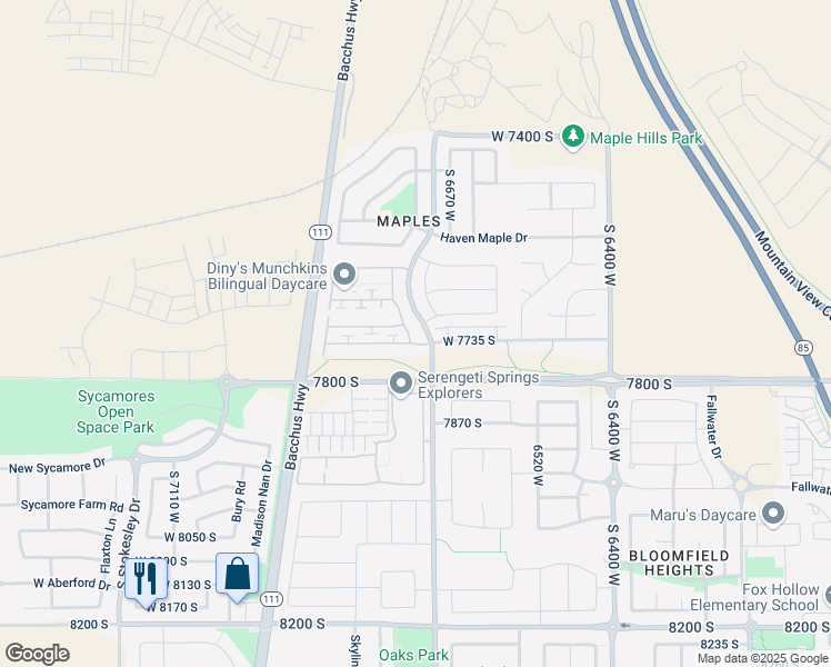 map of restaurants, bars, coffee shops, grocery stores, and more near 7727 Yellowwood Lane in West Jordan