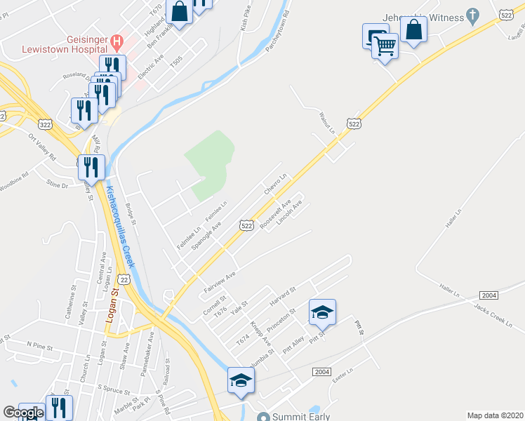 map of restaurants, bars, coffee shops, grocery stores, and more near East Walnut Street in Lewistown