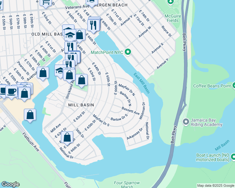 map of restaurants, bars, coffee shops, grocery stores, and more near 2 Barlow Drive North in Brooklyn