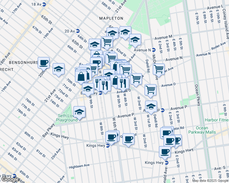 map of restaurants, bars, coffee shops, grocery stores, and more near 1407 West 6th Street in Brooklyn