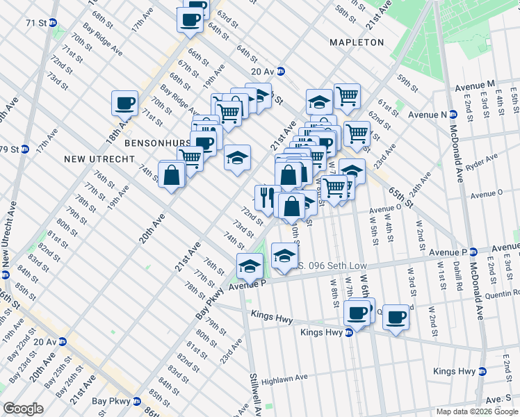 map of restaurants, bars, coffee shops, grocery stores, and more near 2150 71st Street in Brooklyn