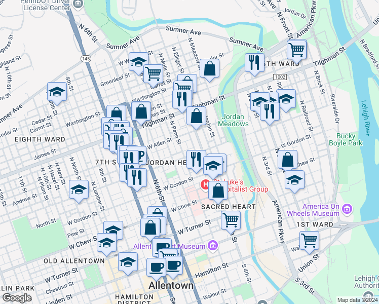 map of restaurants, bars, coffee shops, grocery stores, and more near 423 Liberty Street in Allentown