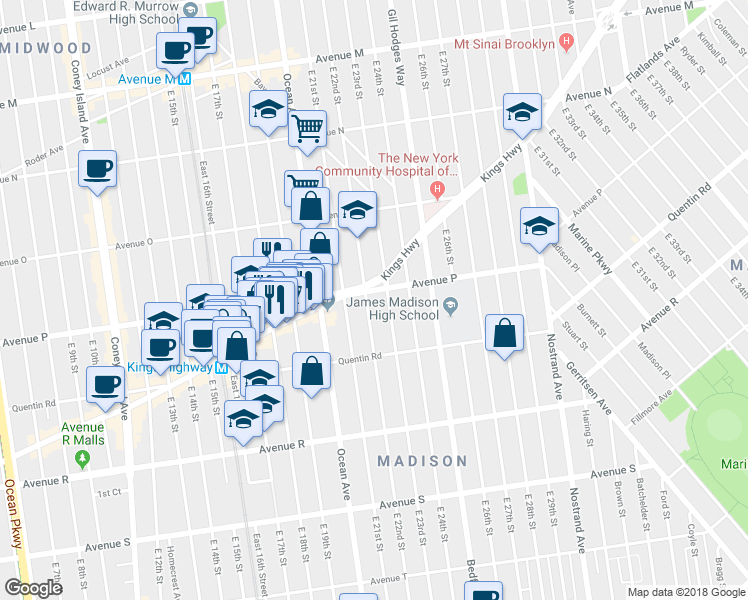 map of restaurants, bars, coffee shops, grocery stores, and more near 1669 East 22nd Street in Brooklyn
