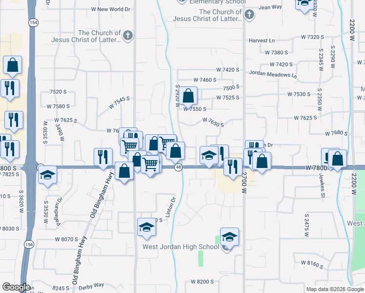 map of restaurants, bars, coffee shops, grocery stores, and more near 7729 Eveningshade Drive in West Jordan