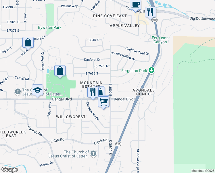 map of restaurants, bars, coffee shops, grocery stores, and more near 3484 Summer Hill Drive in Cottonwood Heights