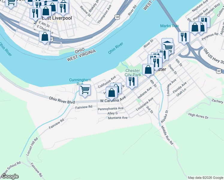 map of restaurants, bars, coffee shops, grocery stores, and more near 223 2nd St in Chester
