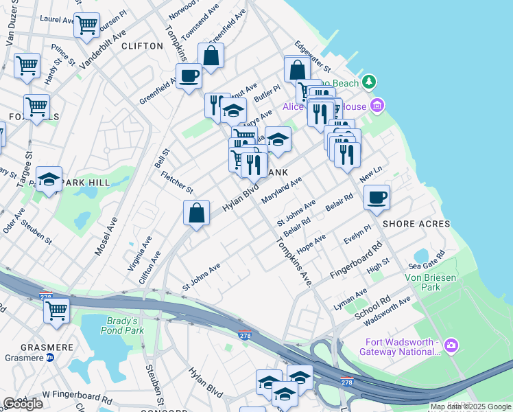 map of restaurants, bars, coffee shops, grocery stores, and more near Tompkins Ave & Maryland Ave in Staten Island