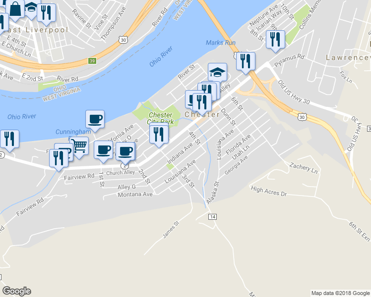 map of restaurants, bars, coffee shops, grocery stores, and more near 346 Indiana Avenue in Chester