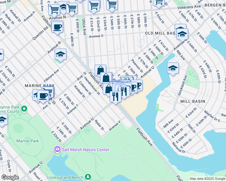 map of restaurants, bars, coffee shops, grocery stores, and more near 2035 East 53rd Street in Brooklyn