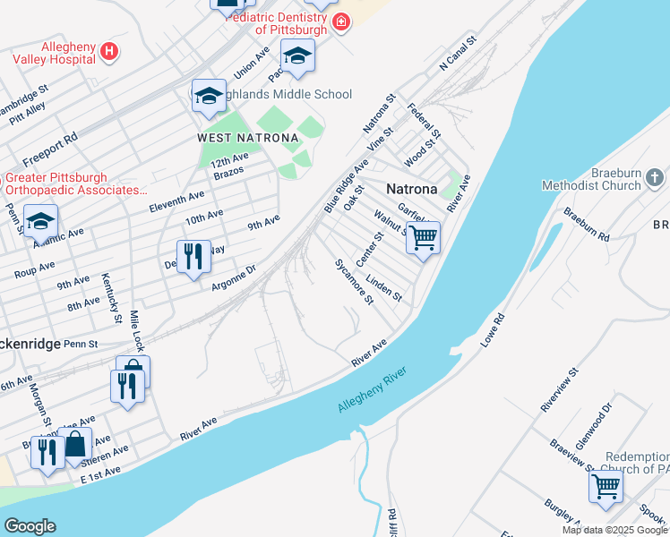 map of restaurants, bars, coffee shops, grocery stores, and more near 64 Sycamore Street in Natrona Heights