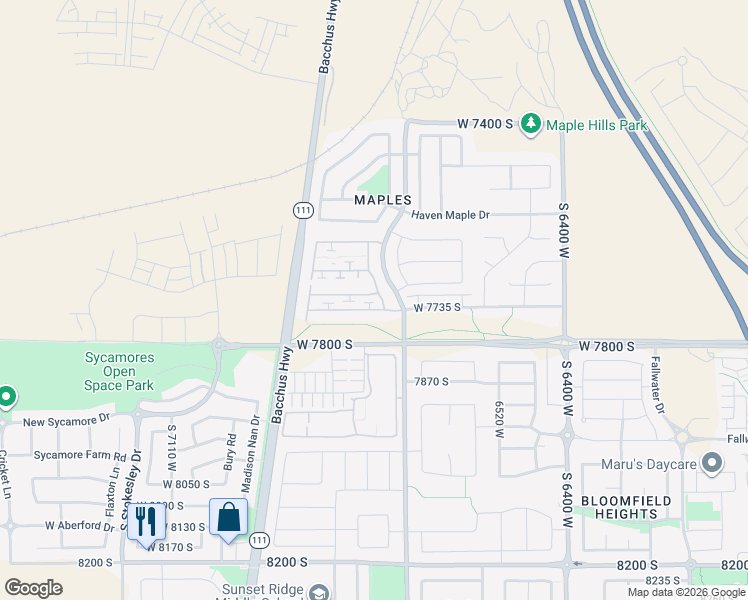map of restaurants, bars, coffee shops, grocery stores, and more near 6758 Tupelo Lane in West Jordan