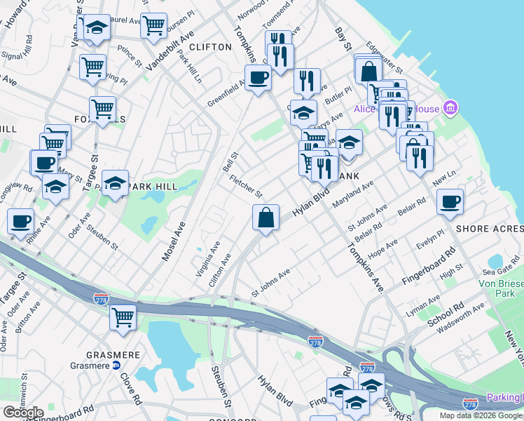 map of restaurants, bars, coffee shops, grocery stores, and more near 412 Clifton Avenue in Staten Island