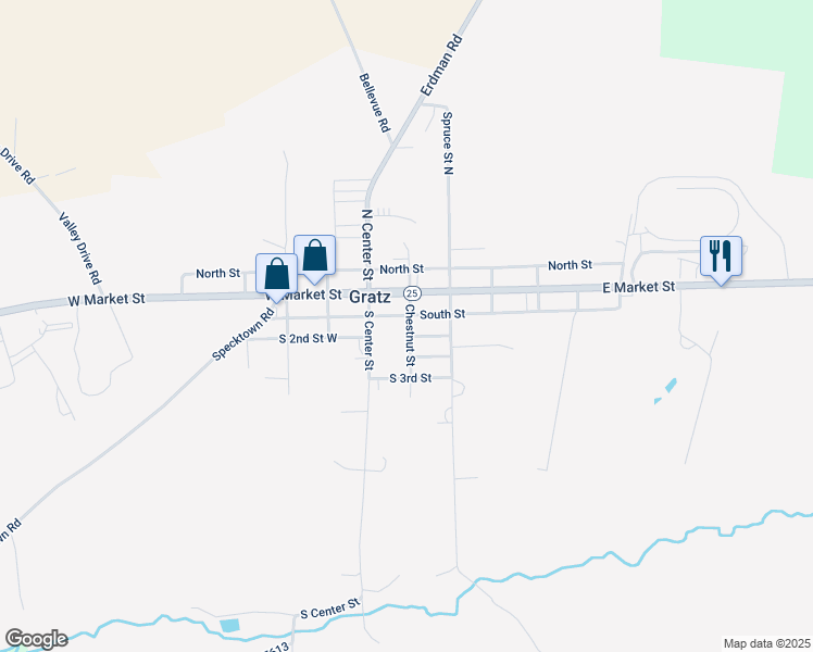 map of restaurants, bars, coffee shops, grocery stores, and more near 43 Chestnut Street in Gratz