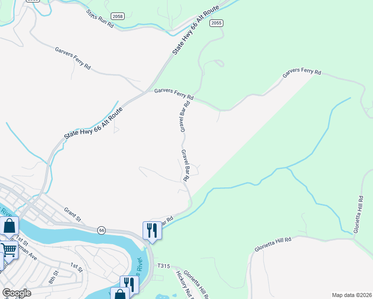 map of restaurants, bars, coffee shops, grocery stores, and more near 1212 Gravel Bar Road in Vandergrift