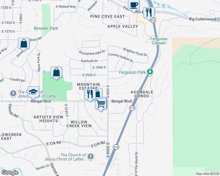 map of restaurants, bars, coffee shops, grocery stores, and more near 7717 South 3500 East in Cottonwood Heights