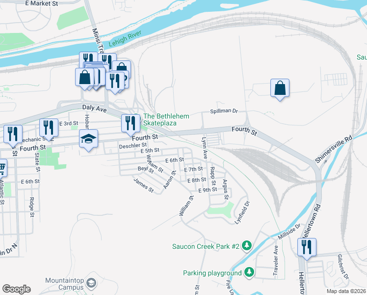 map of restaurants, bars, coffee shops, grocery stores, and more near 1473 E 5th St in Bethlehem