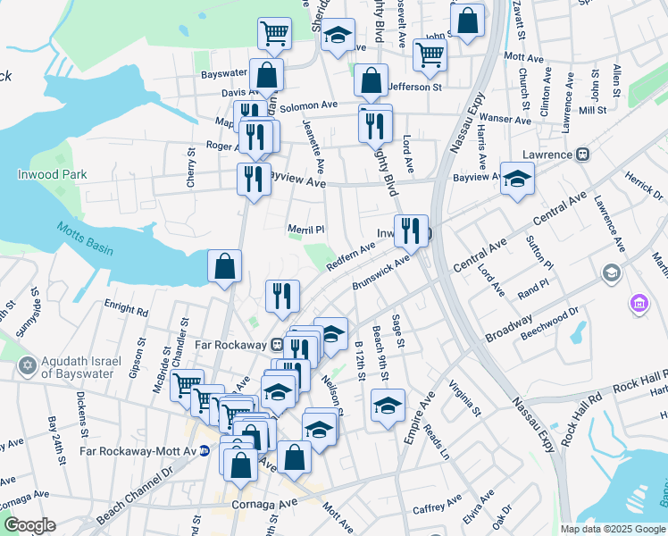 map of restaurants, bars, coffee shops, grocery stores, and more near 12-11 Redfern Avenue in Queens