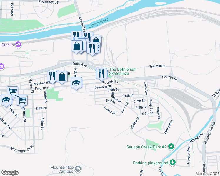 map of restaurants, bars, coffee shops, grocery stores, and more near 1337 East 5th Street in Bethlehem