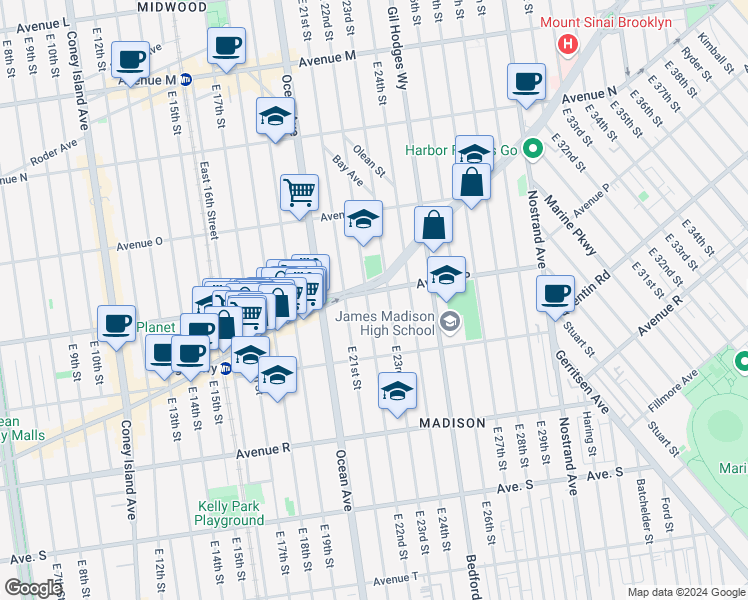 map of restaurants, bars, coffee shops, grocery stores, and more near 1669 East 22nd Street in Brooklyn