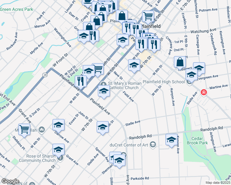 map of restaurants, bars, coffee shops, grocery stores, and more near 452 West 7th Street in Plainfield