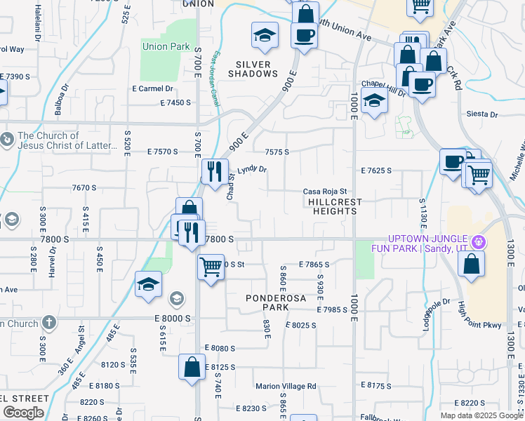 map of restaurants, bars, coffee shops, grocery stores, and more near 825 East Winter Pine Cove in Cottonwood Heights