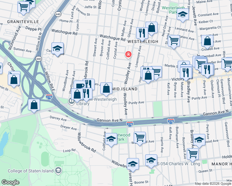 map of restaurants, bars, coffee shops, grocery stores, and more near 5 Crafton Avenue in Staten Island