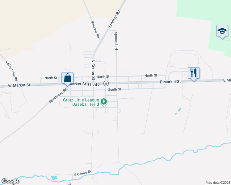 map of restaurants, bars, coffee shops, grocery stores, and more near 143 South 2nd Street East in Gratz