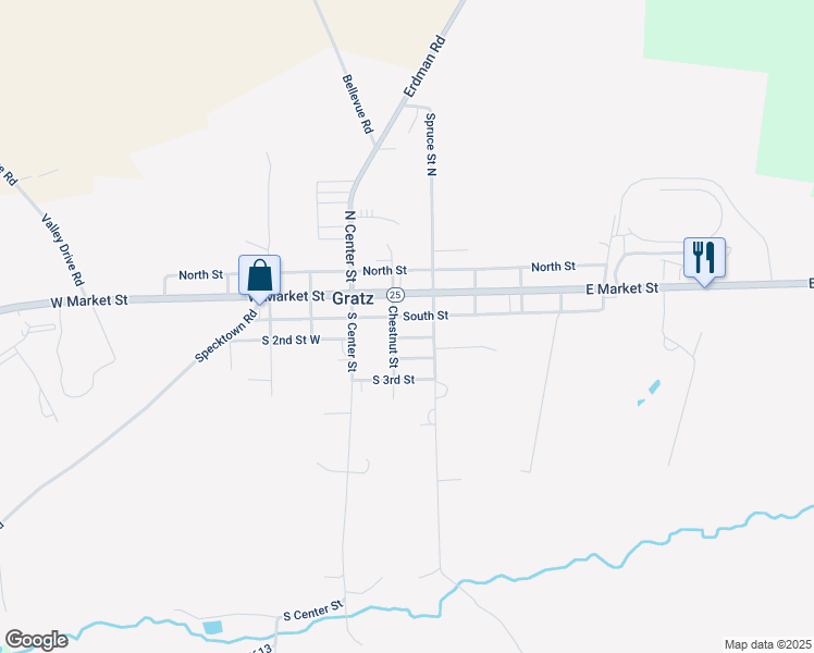 map of restaurants, bars, coffee shops, grocery stores, and more near 125 South 2nd Street East in Gratz