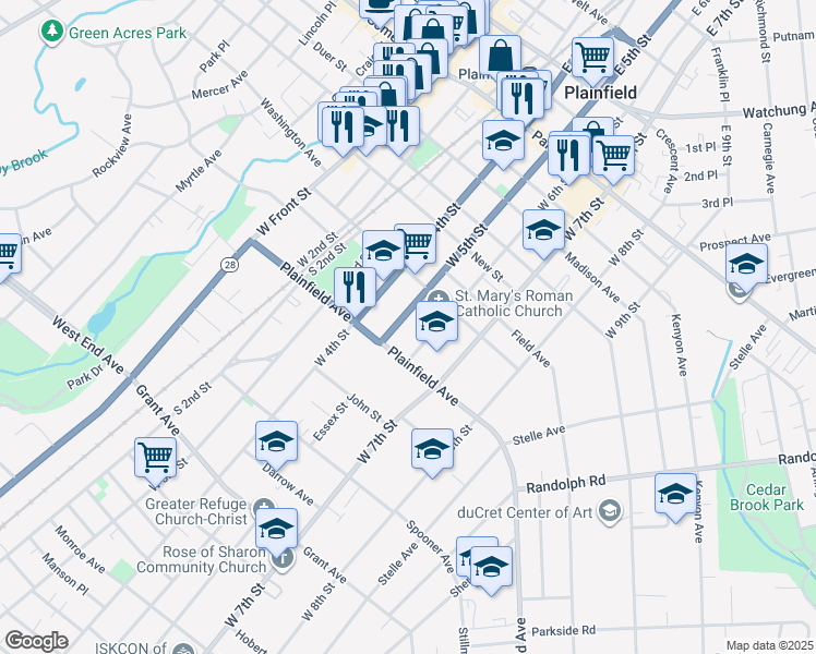 map of restaurants, bars, coffee shops, grocery stores, and more near 529 W 5th St in Plainfield