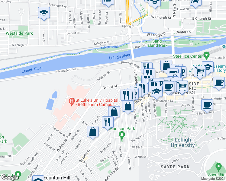 map of restaurants, bars, coffee shops, grocery stores, and more near 404 Seneca Street in Bethlehem