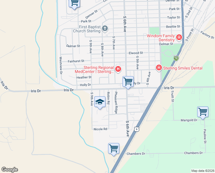 map of restaurants, bars, coffee shops, grocery stores, and more near 803 Holly Drive in Sterling