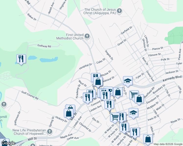 map of restaurants, bars, coffee shops, grocery stores, and more near 2342 Ritchie Street in Aliquippa