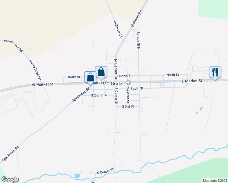 map of restaurants, bars, coffee shops, grocery stores, and more near 102 South Center Street in Gratz