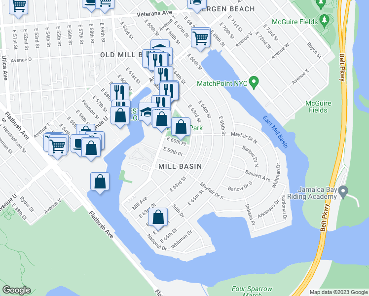 map of restaurants, bars, coffee shops, grocery stores, and more near 2262 E 60th Pl in Brooklyn