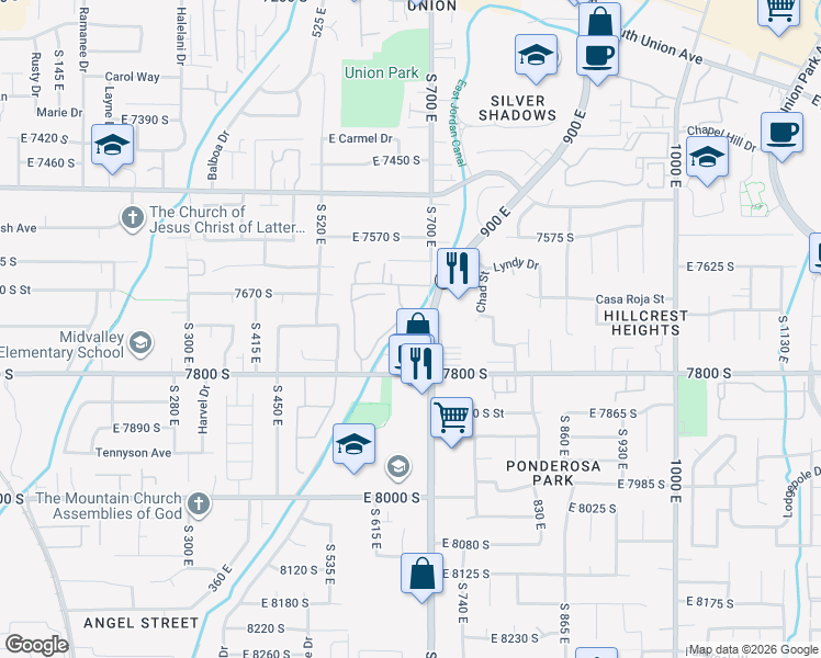 map of restaurants, bars, coffee shops, grocery stores, and more near 661-671 Candlelite Lane in Midvale
