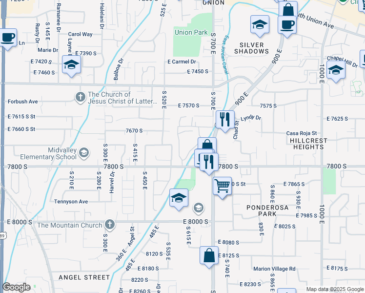 map of restaurants, bars, coffee shops, grocery stores, and more near 7731 Briarsprings Drive in Midvale