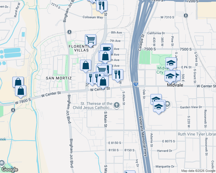 map of restaurants, bars, coffee shops, grocery stores, and more near 7702-7706 South Main Street in Midvale