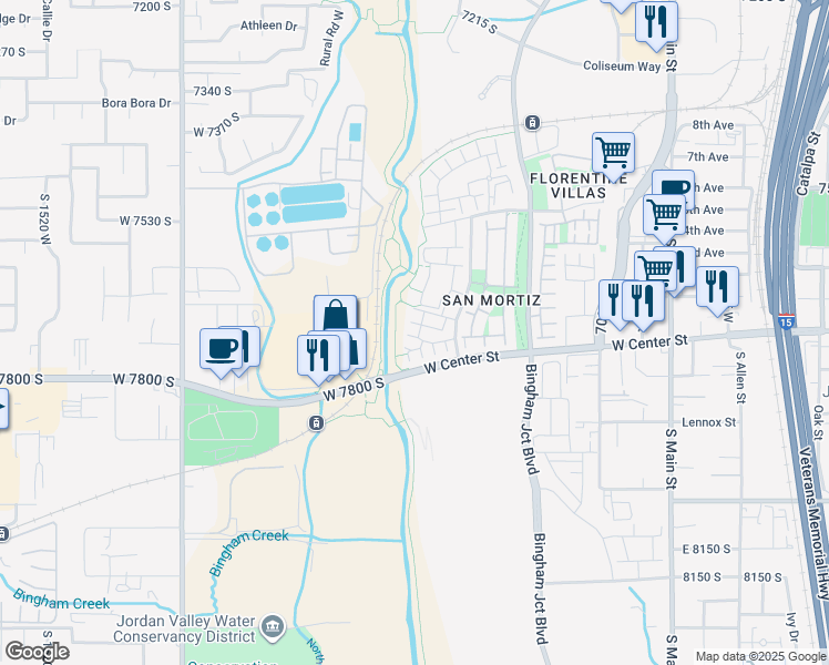 map of restaurants, bars, coffee shops, grocery stores, and more near 1022 Rooftop Drive in Midvale